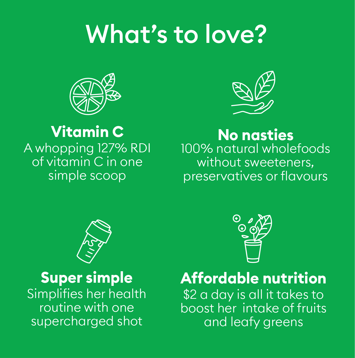 What's to love? Vitamin C. No nasties. Super simple nutrition. Affordable at $2 a day.